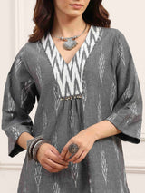 Grey printed embellished kurti with pocket charm with dupatta