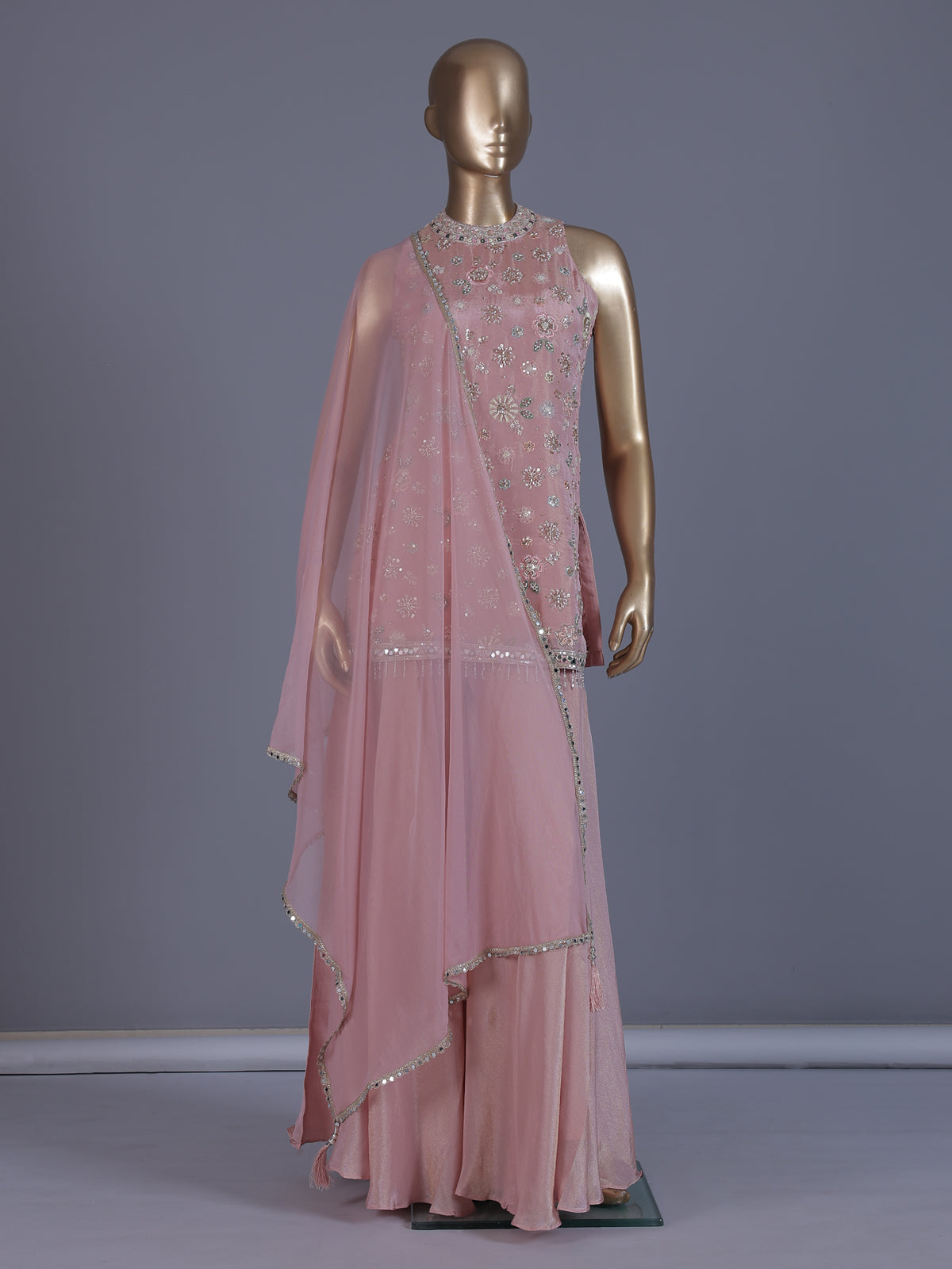 Pastel pink tissue silk palazzo suit with mirror work