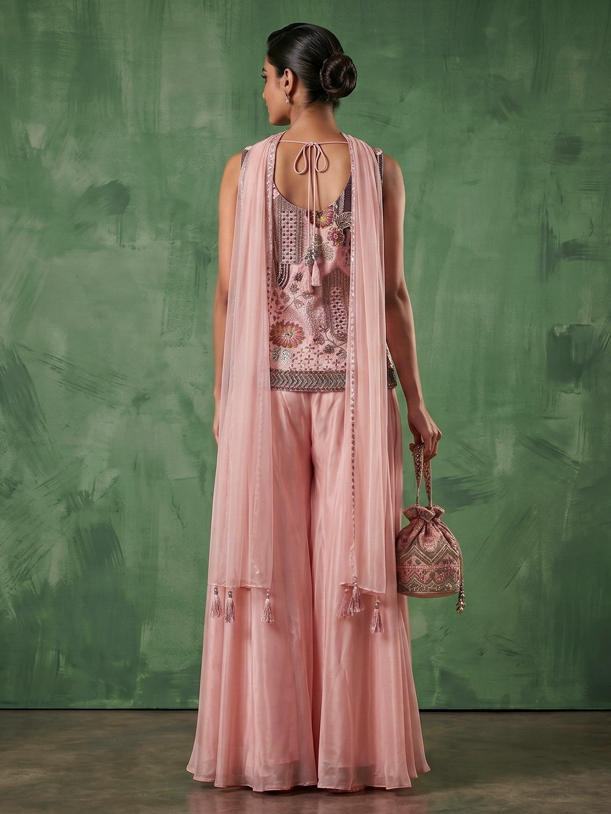 Pastel pink embellished palazzo suit
