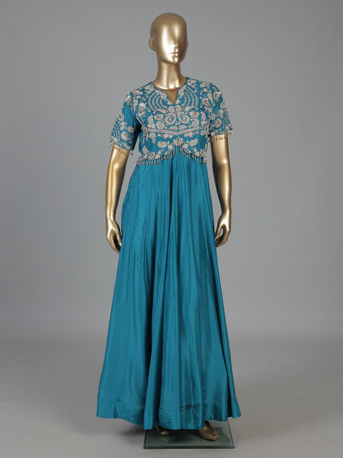 Peacock blue silk Anarkali suit for festive celebration