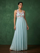 Firozi blue chiffon embroidered Anarkali suit for wedding