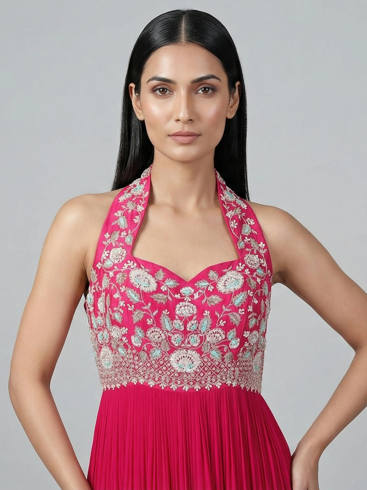 Rani pink georgette designer floor length suit with belt