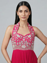 Rani pink georgette designer floor length suit with belt