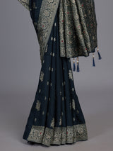 Deep teal blue silk wedding saree