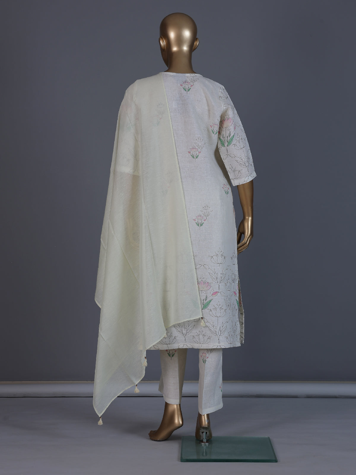 White floral printed elegant linen kurti set