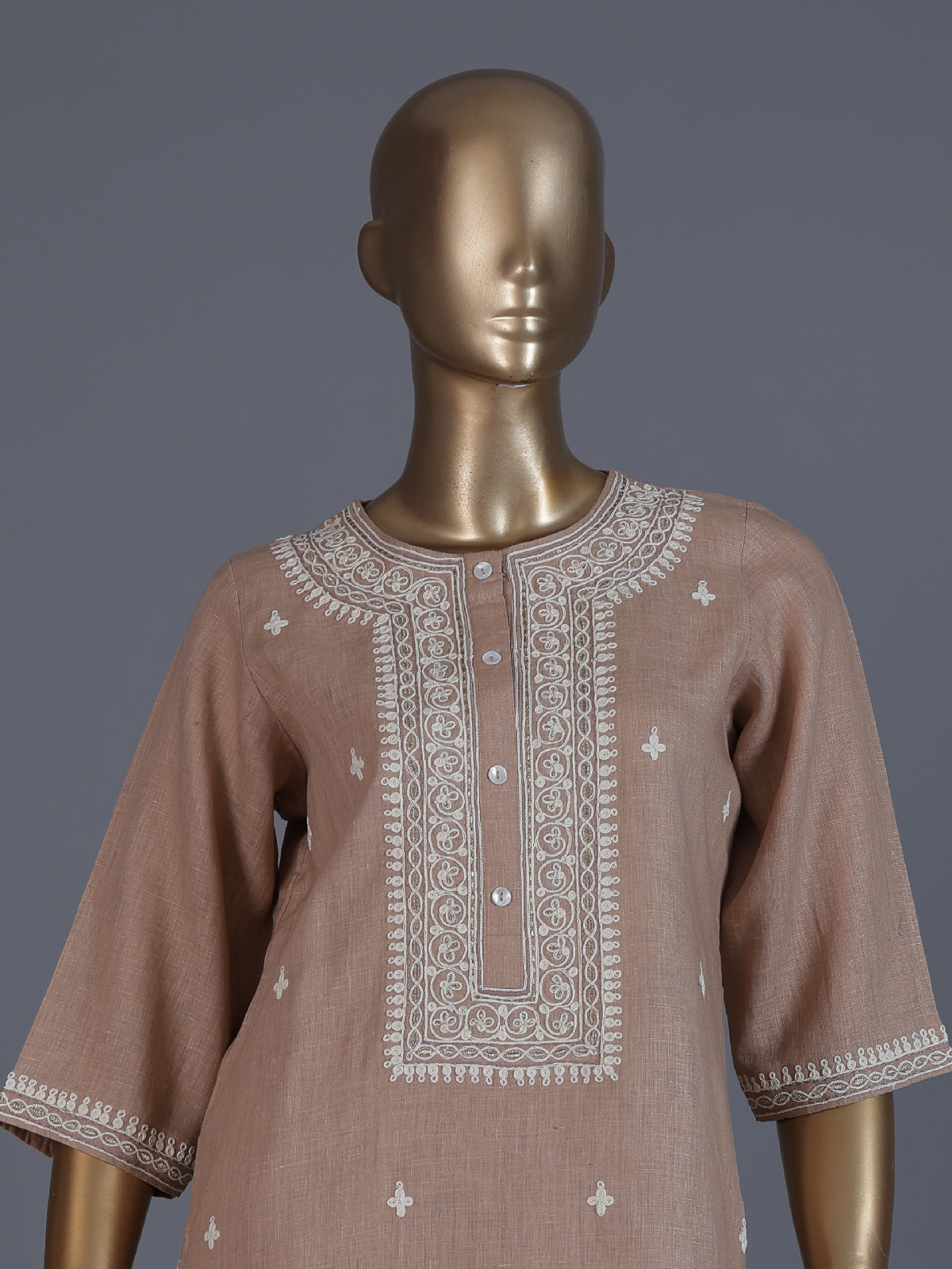 Brown regal embroidered festive linen kurti set