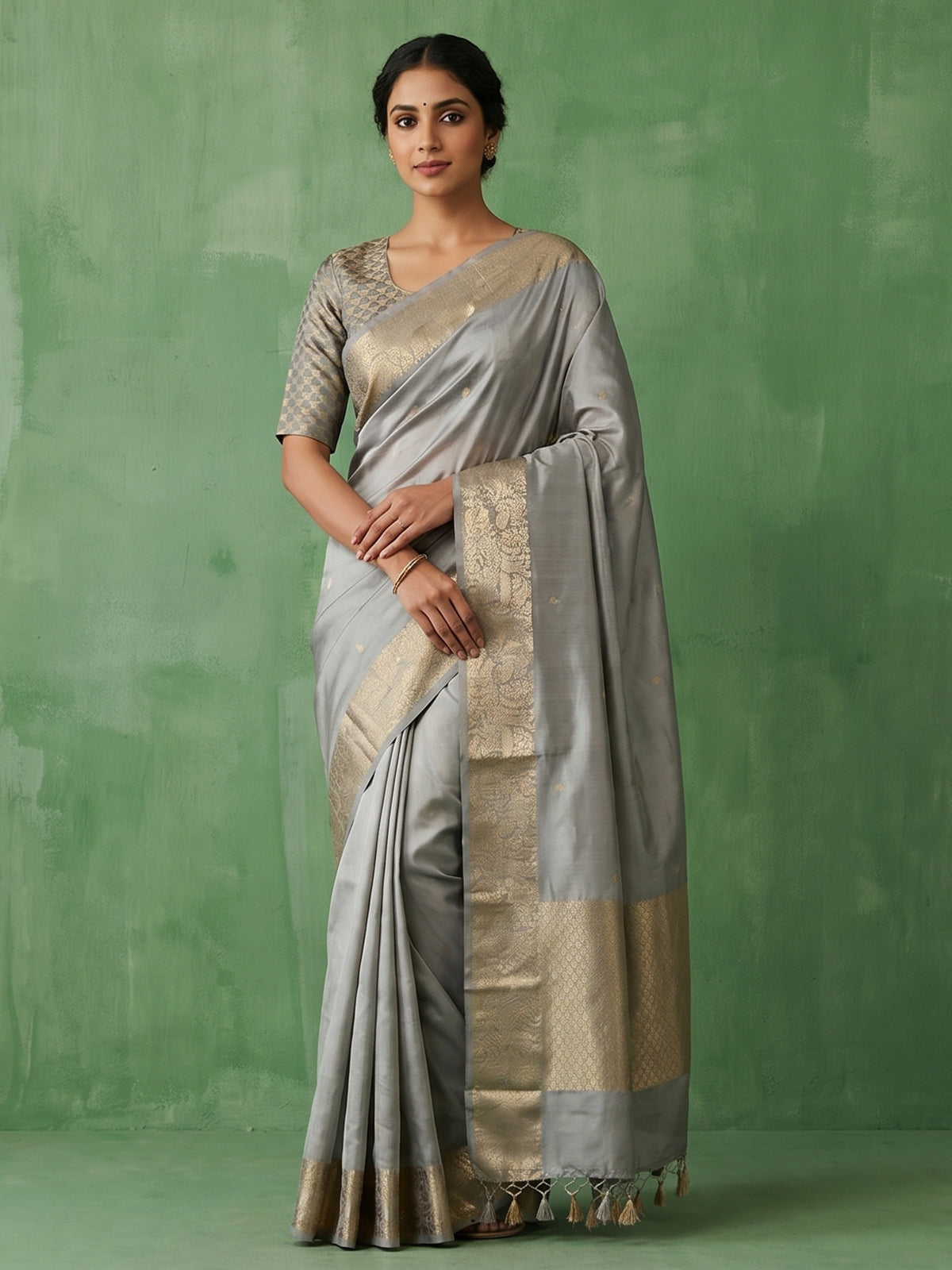 Grey artisanal floral zari raw silk saree