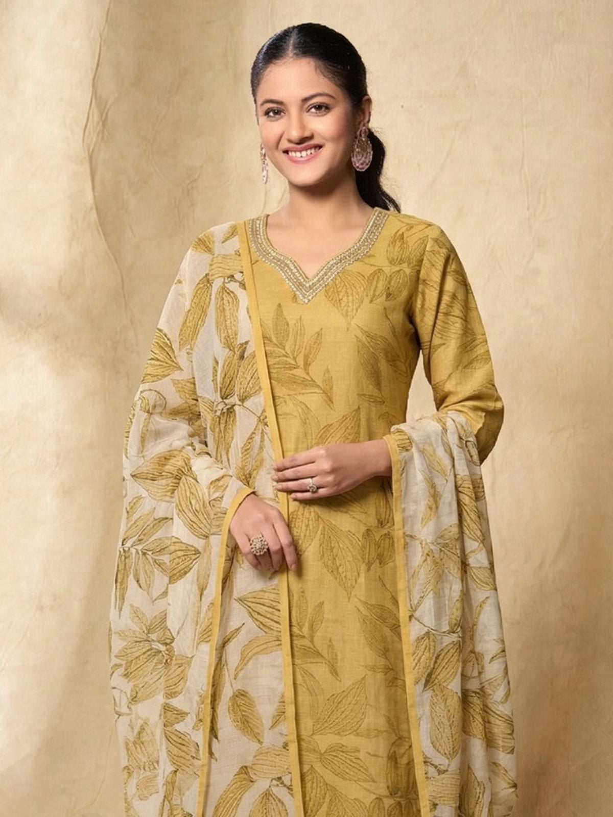 Yellow artistic leaf printed ethnic kurti set charm