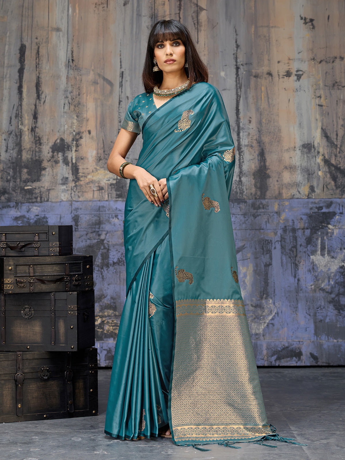 Teal blue royal zari festive saree elegance