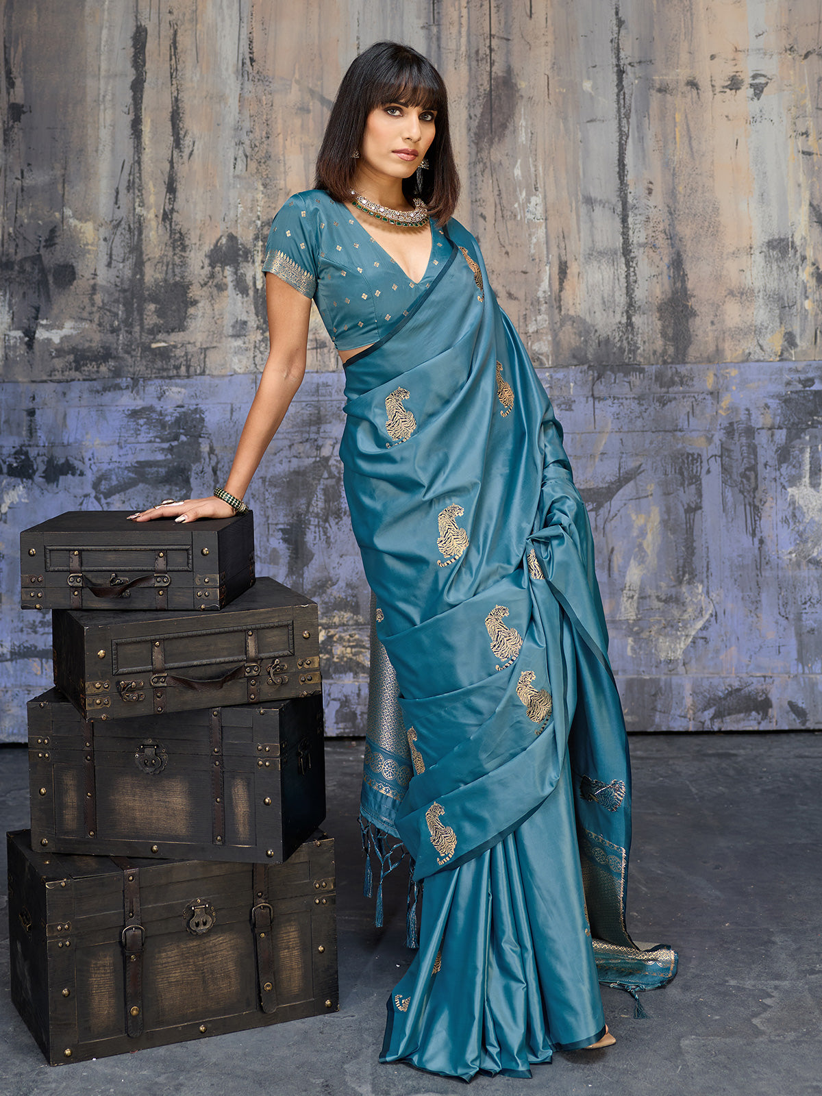 Teal blue royal zari festive saree elegance