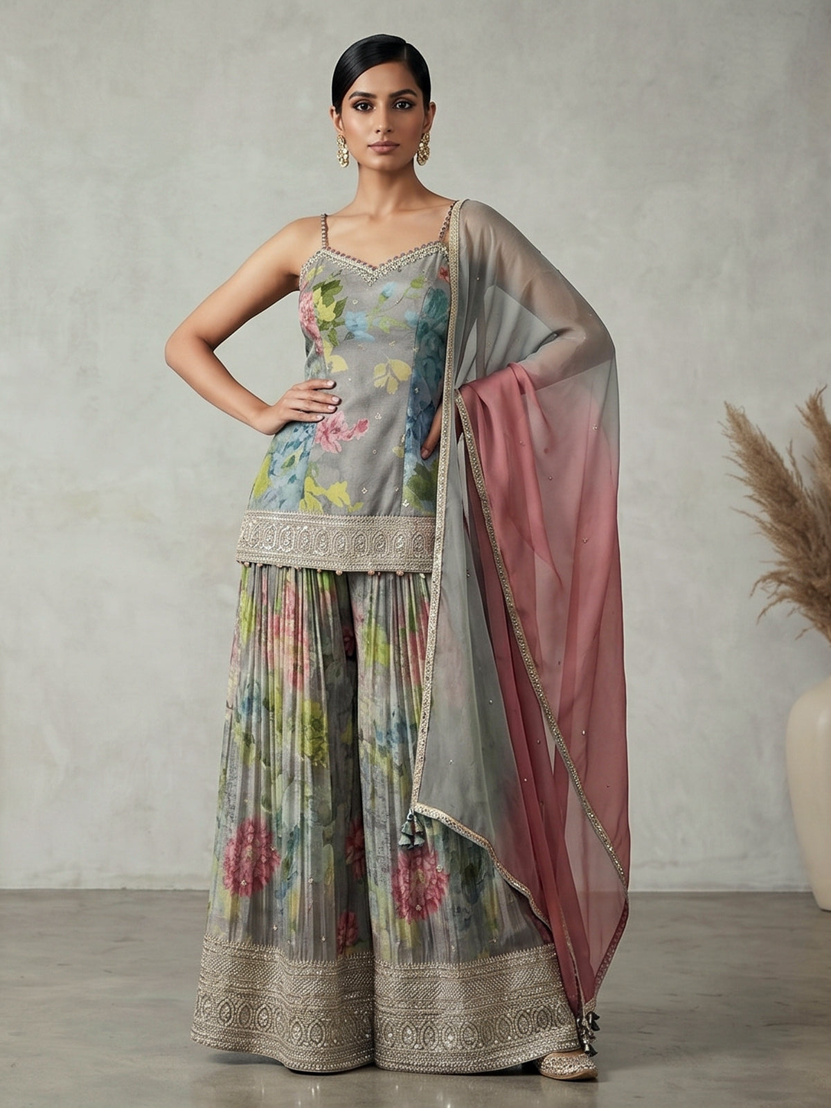 Grey floral shimmer couture wedding salwar suit
