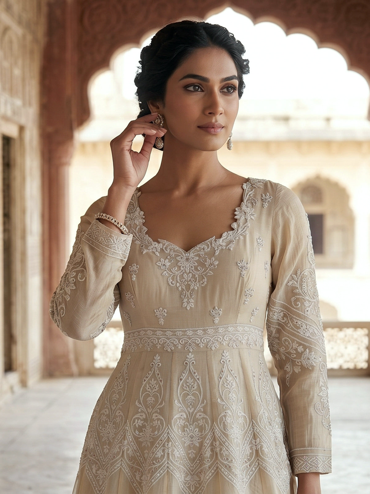 Beige radiant embroidery festive silk salwar suit