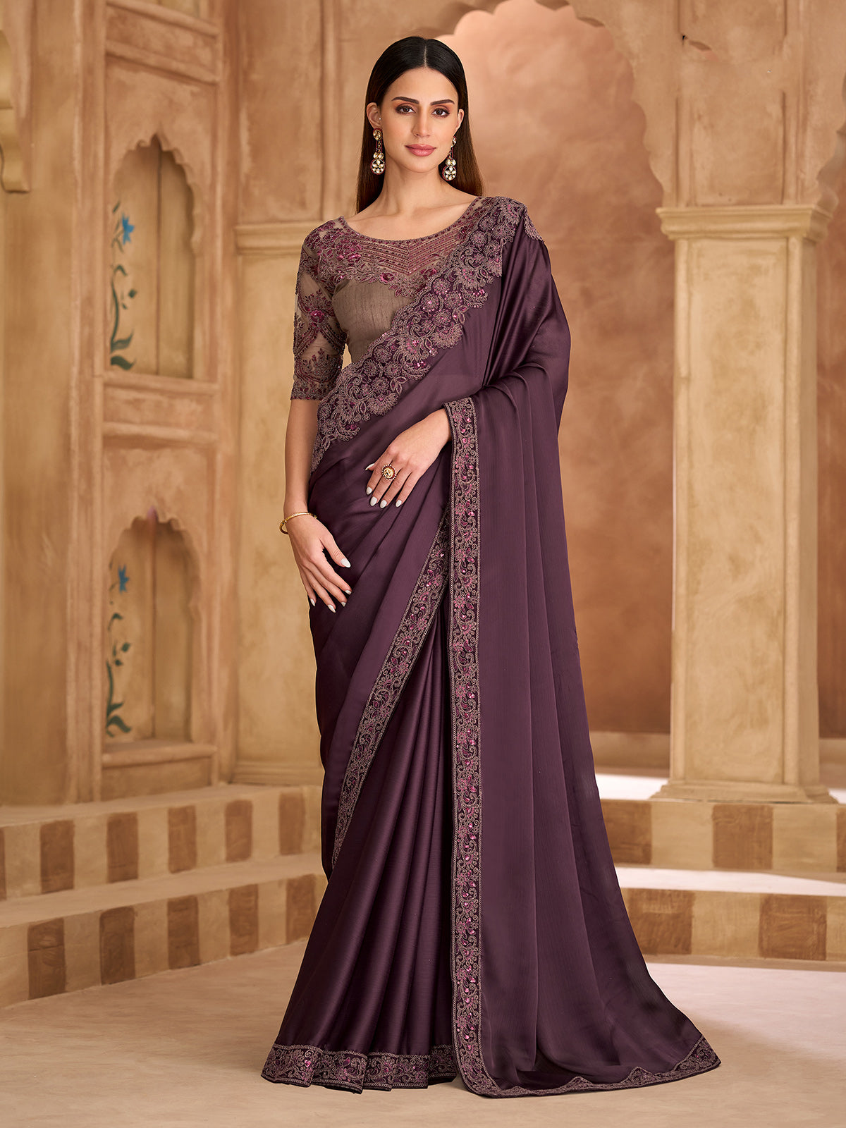Deep wine artistic embroidered silk satin saree