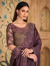 Deep wine artistic embroidered silk satin saree