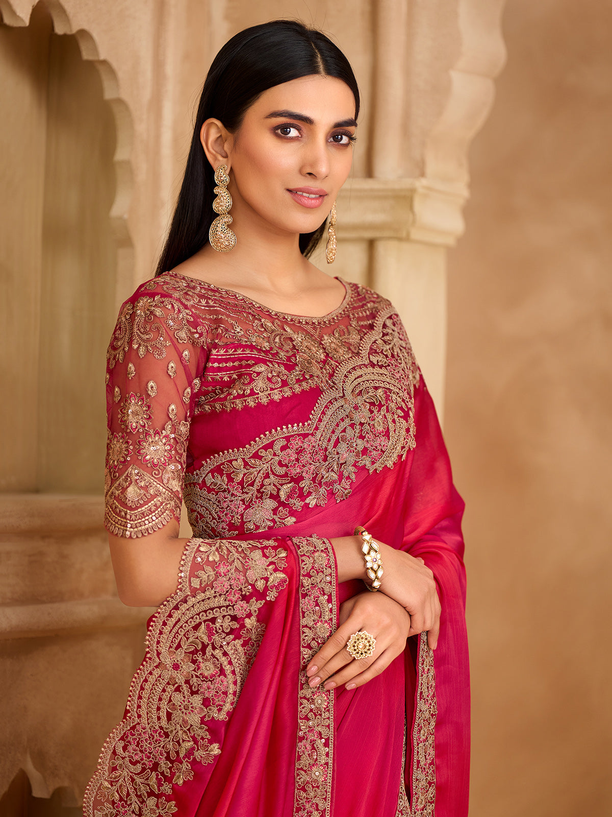 Pink graceful satin chiffon festive saree charm