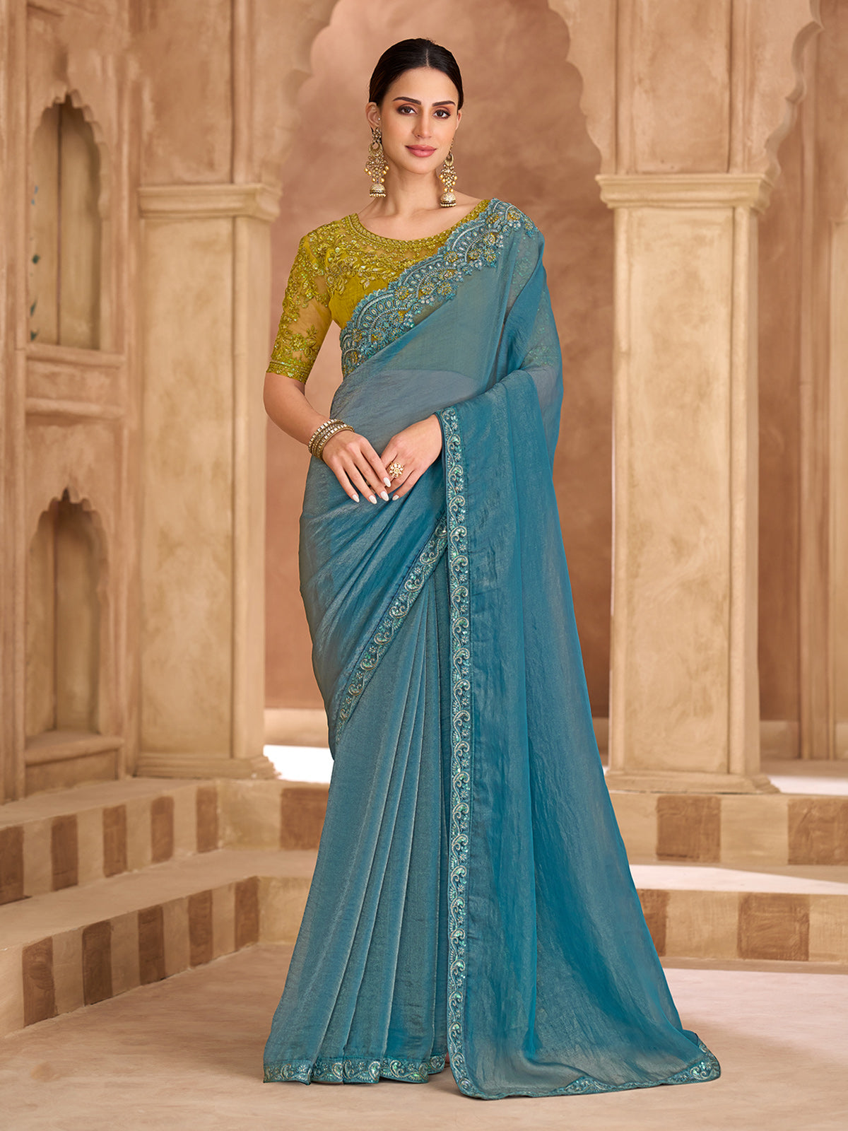 Sky blue graceful embroidered festive tissue saree