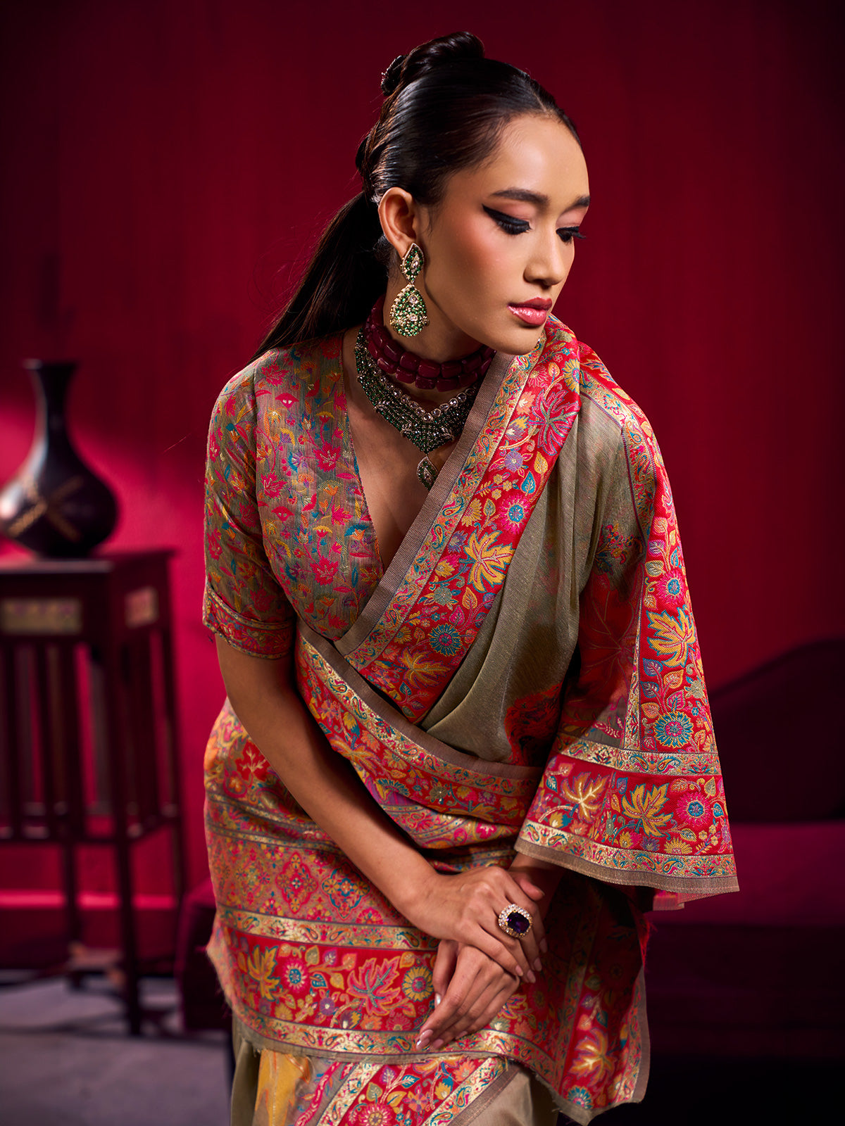 Light brown heritage weave festive saree elegance