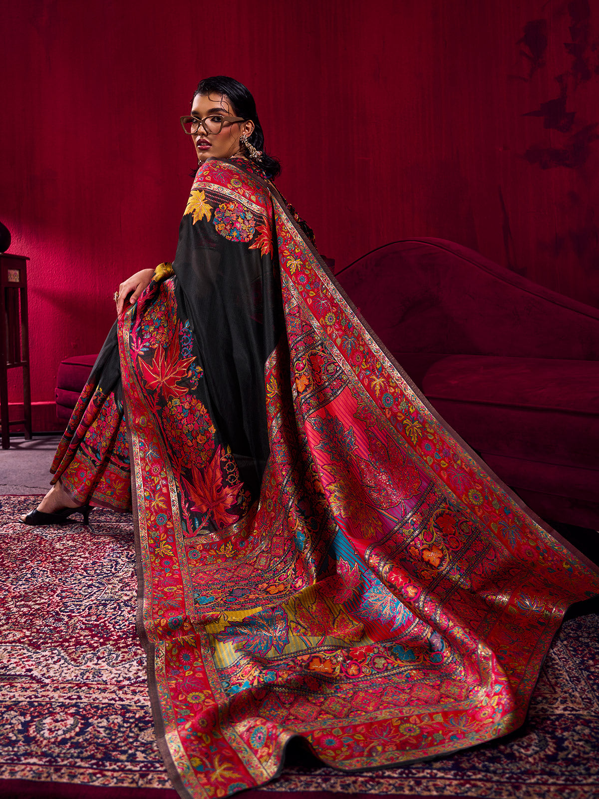 Black royal multicolor woven saree statement beauty