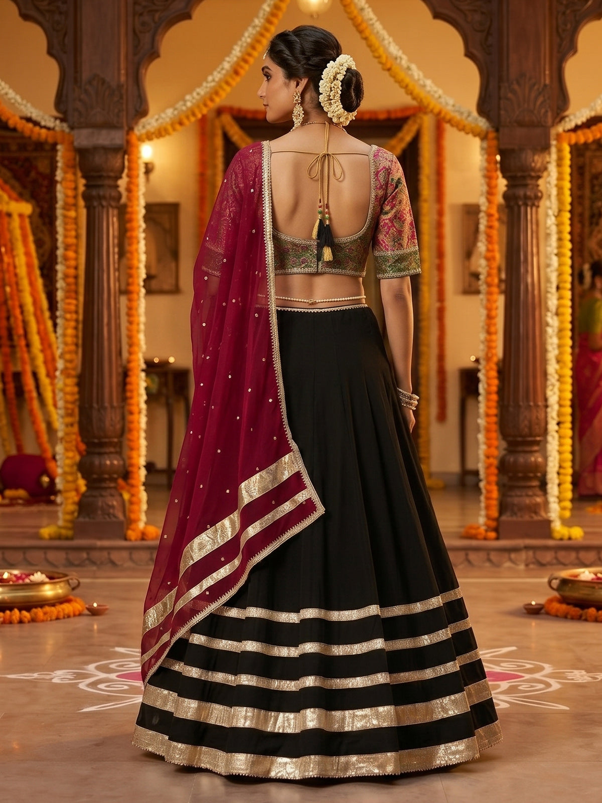 Black pichwai artistry festive lehenga statement attire