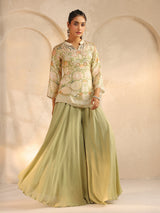 Pista green printed palazzo suit with bead work