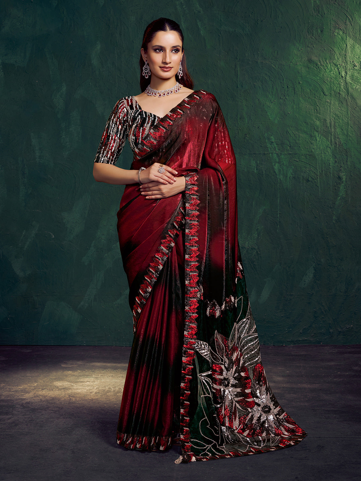 Maroon shaded satin silk partywear saree