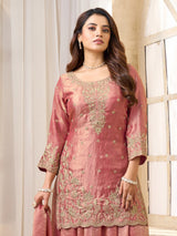 Onion pink pakistani style palazzo suit in chinon silk