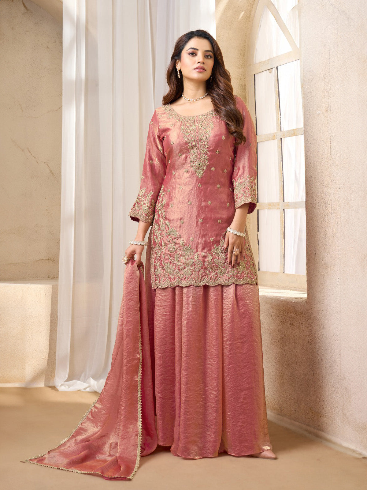 Onion pink pakistani style palazzo suit in chinon silk