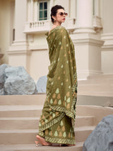 Dark olive malmal silk saree for festival