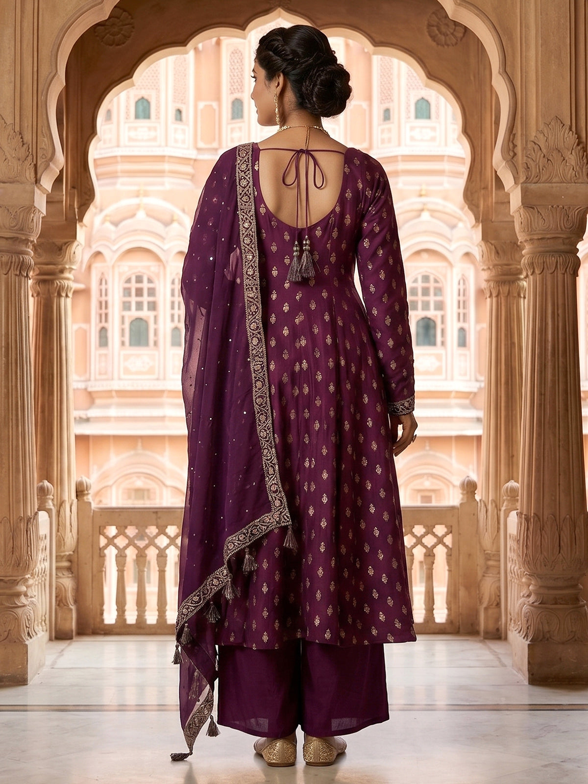 Deep wine banarasi silk anarkali palazzo suit