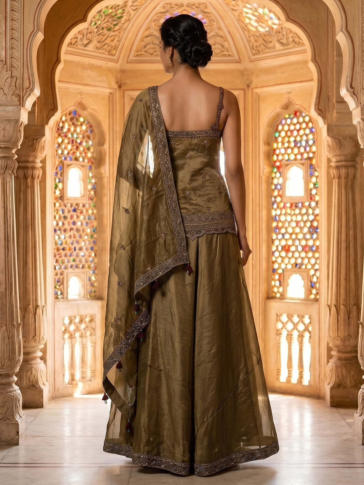 Mehendi green embellished tissue silk palazzo suit