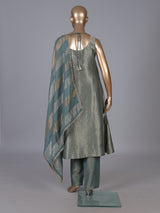 Green metallic brocade salwar suit with front-slit kameez