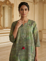 Sage green printed kurti set with trouser and sheer dupatta