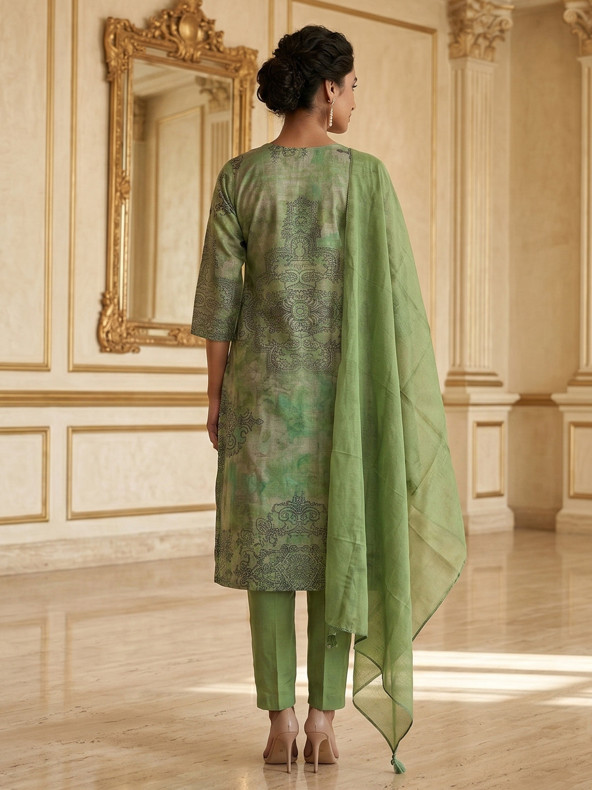 Sage green printed kurti set with trouser and sheer dupatta