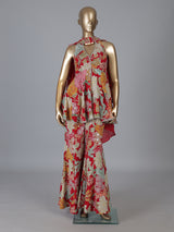 Red floral georgette sharara suit with rich detailing