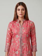 Pink silk pant suit with mirror work