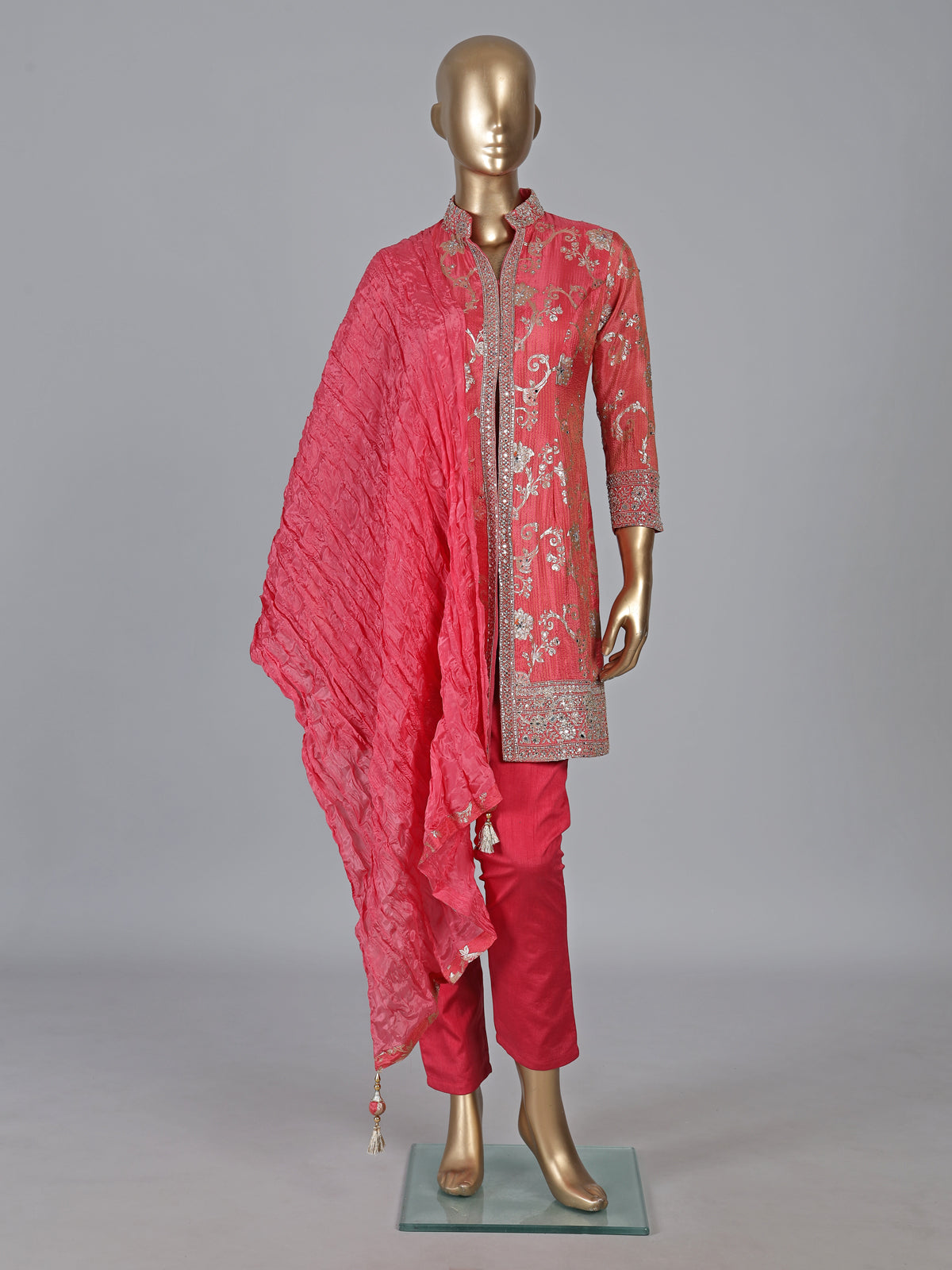 Pink silk pant suit with mirror work