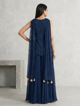 Peacock blue georgette palazzo suit with diamond accents