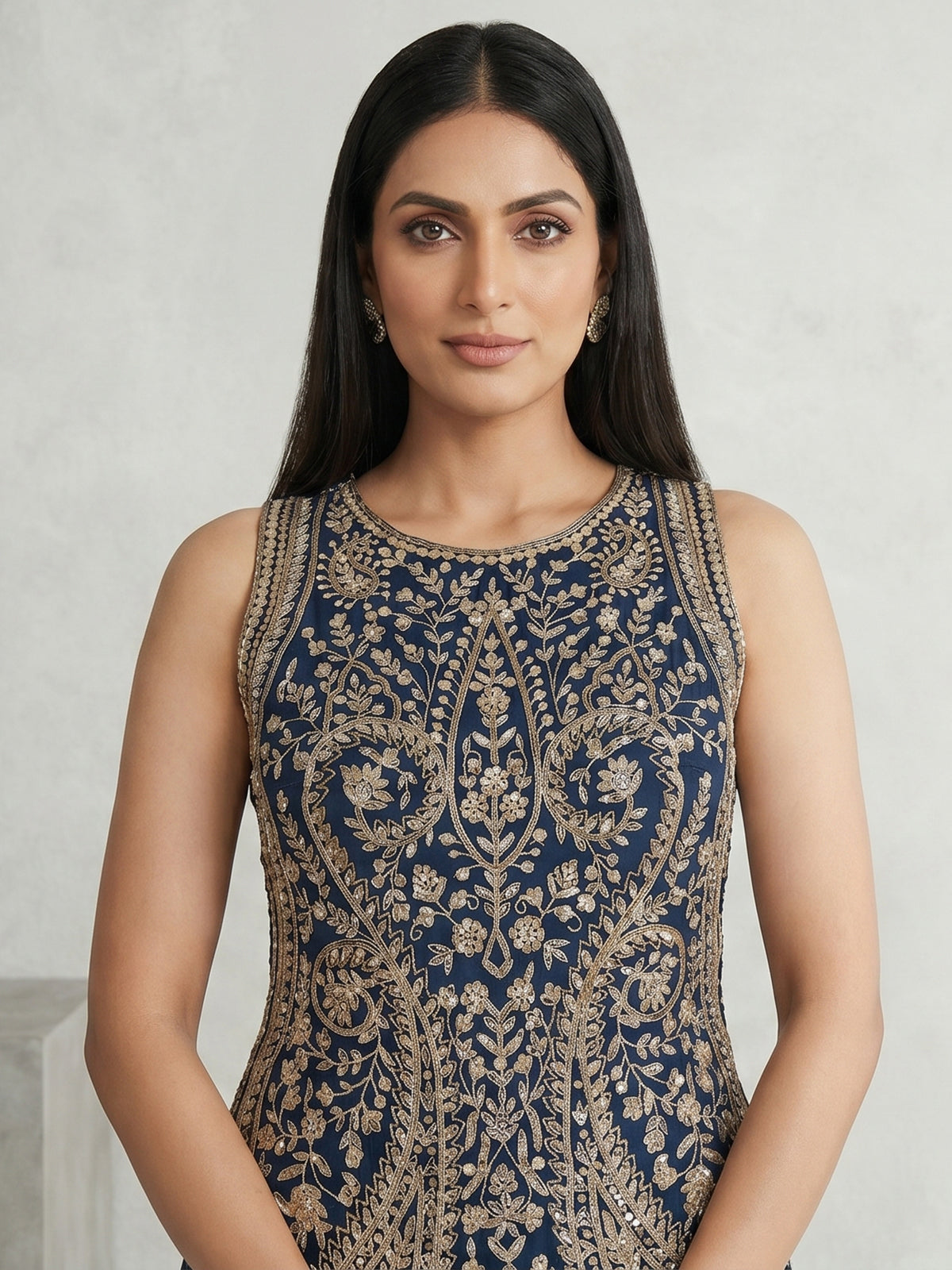 Peacock blue georgette palazzo suit with diamond accents