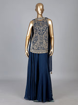 Peacock blue georgette palazzo suit with diamond accents