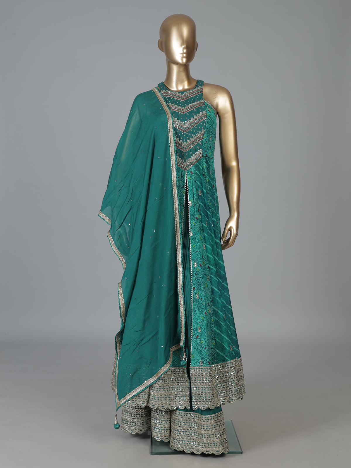 Green silk anarkali palazzo suit for wedding celebration