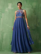 Blue halter neck festive floor length Anarkali suit