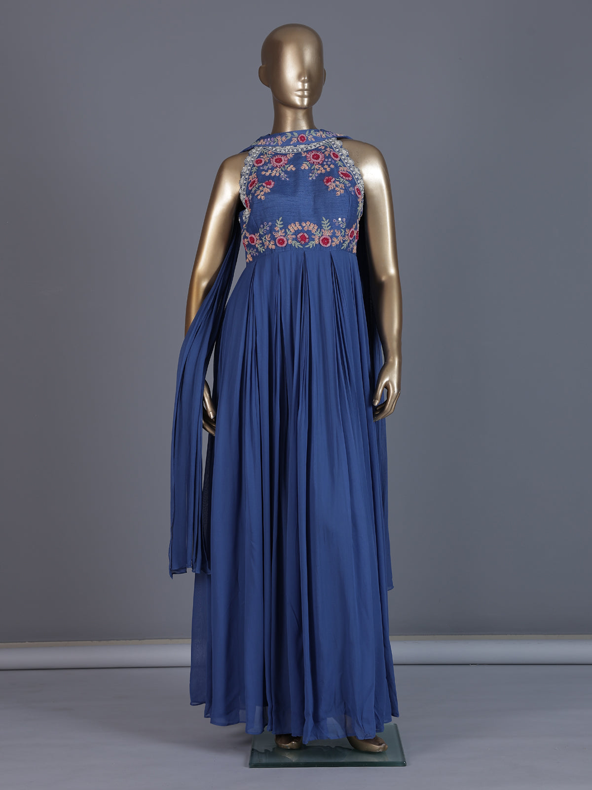 Blue halter neck festive floor length Anarkali suit