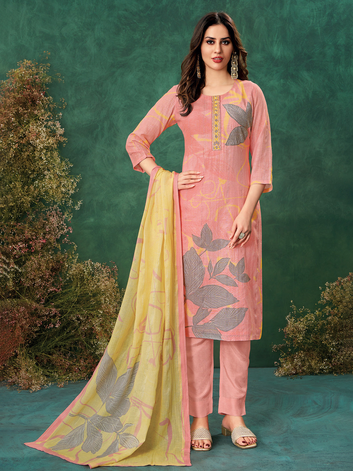 Pink printed linen salwar suit with dupatta