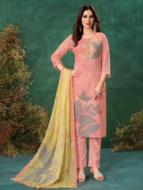 Pink printed linen salwar suit with dupatta