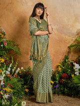 Green vibrant printed zari festive saree elegance