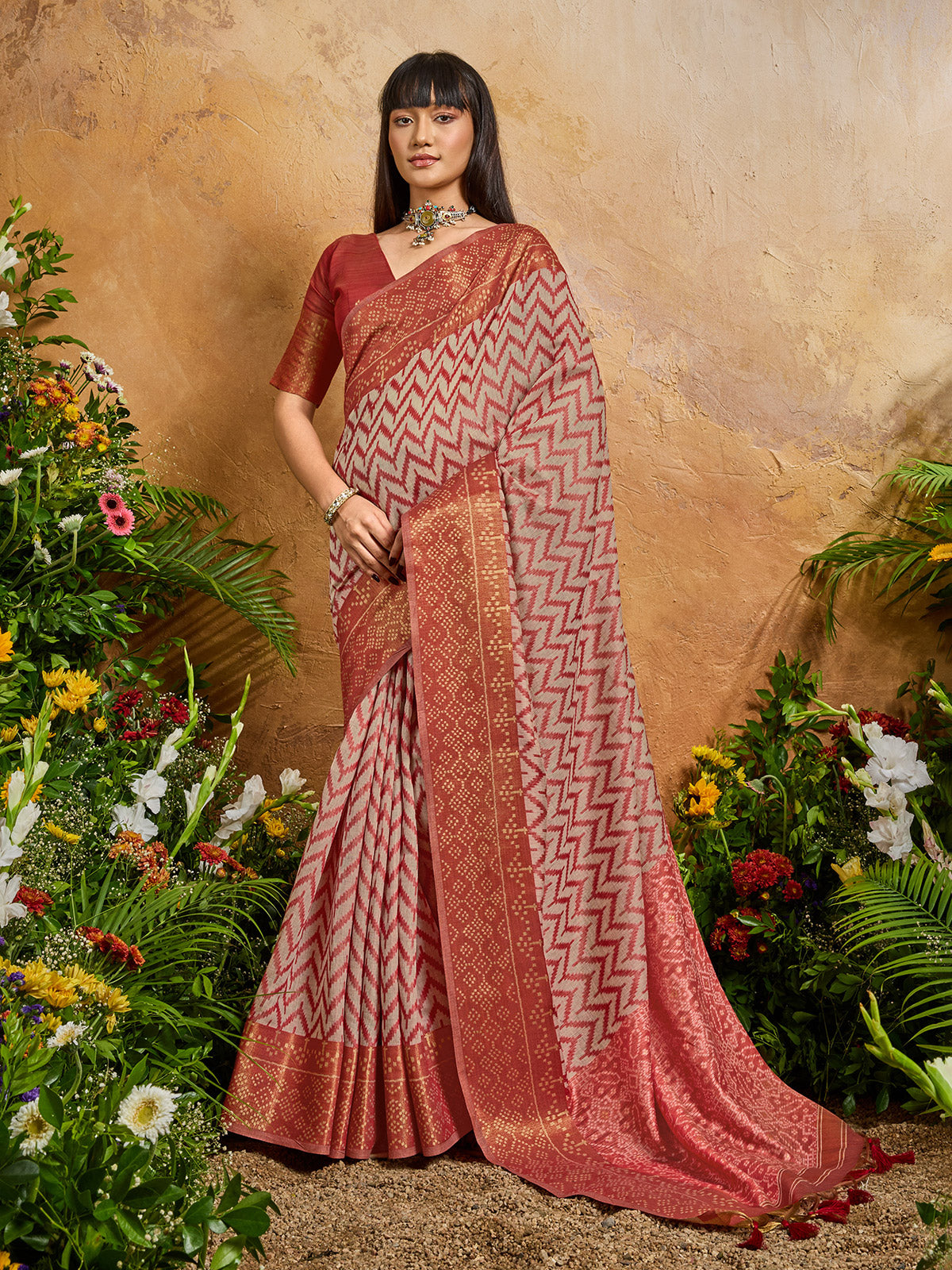 Red radiant printed festive saree with charm