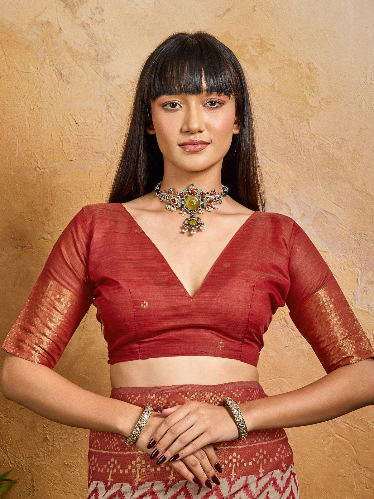 Red radiant printed festive saree with charm