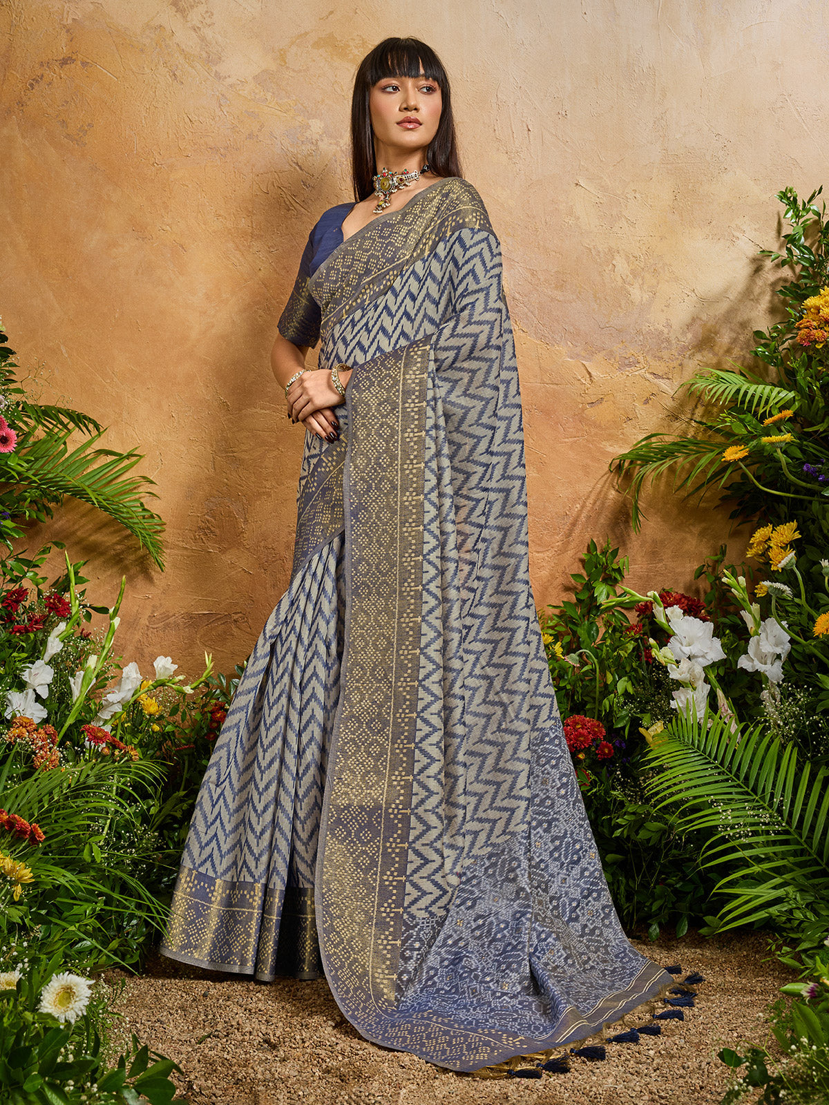 Blue graceful zari printed celebration saree beauty