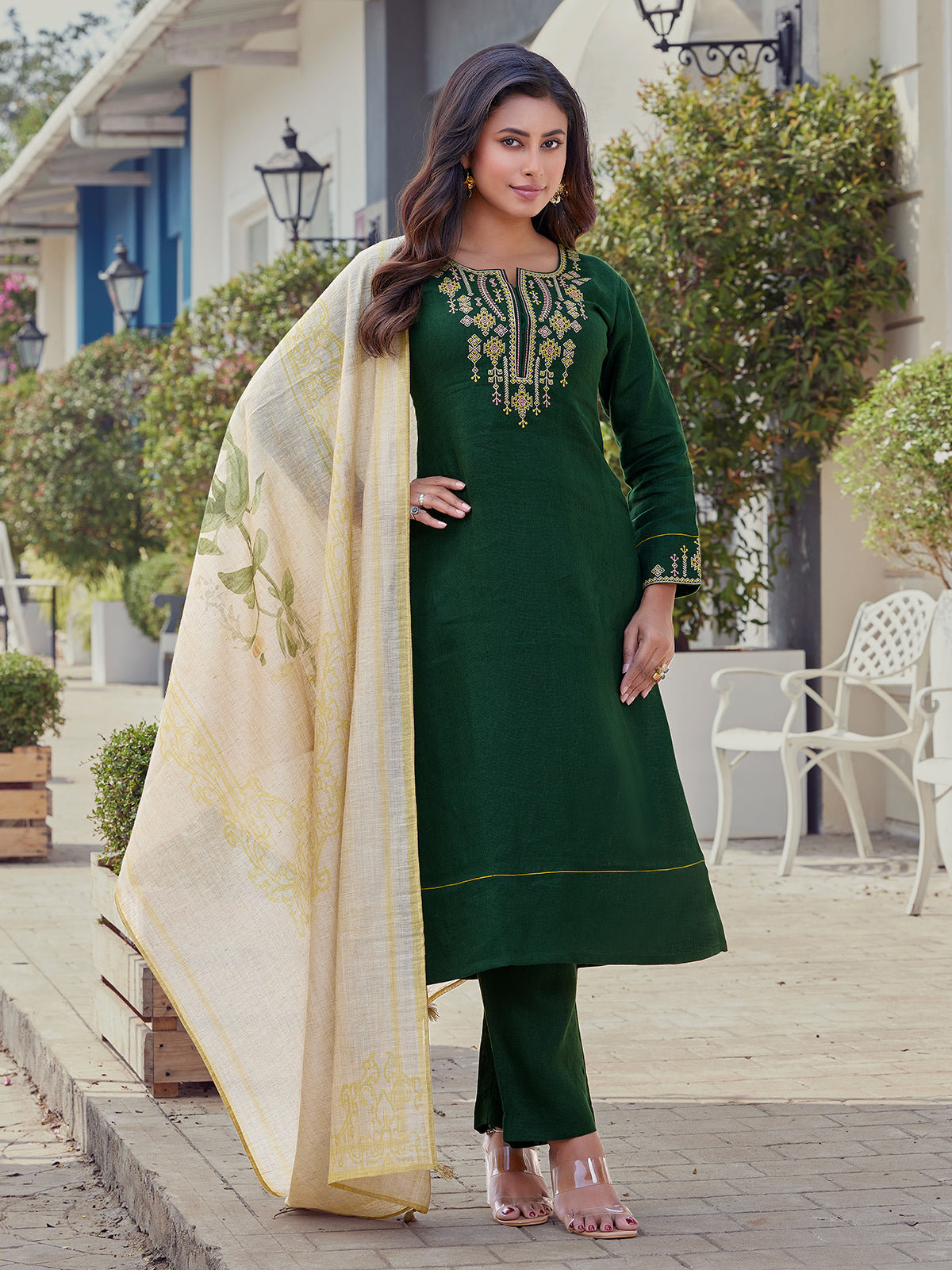 Green cotton salwar suit with embroidered detailing