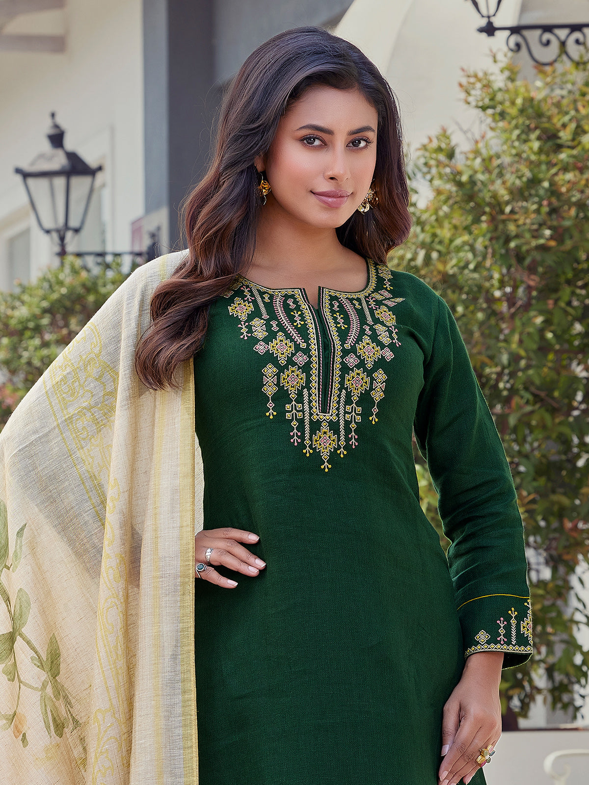 Green cotton salwar suit with embroidered detailing